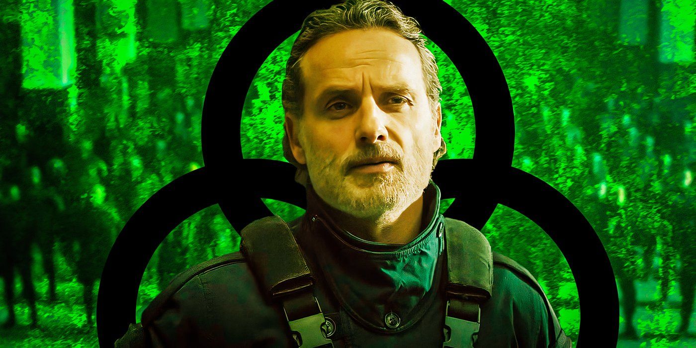 Andrew Lincoln as Rick Grimes in front of a CRM logo and soldiers on a green background