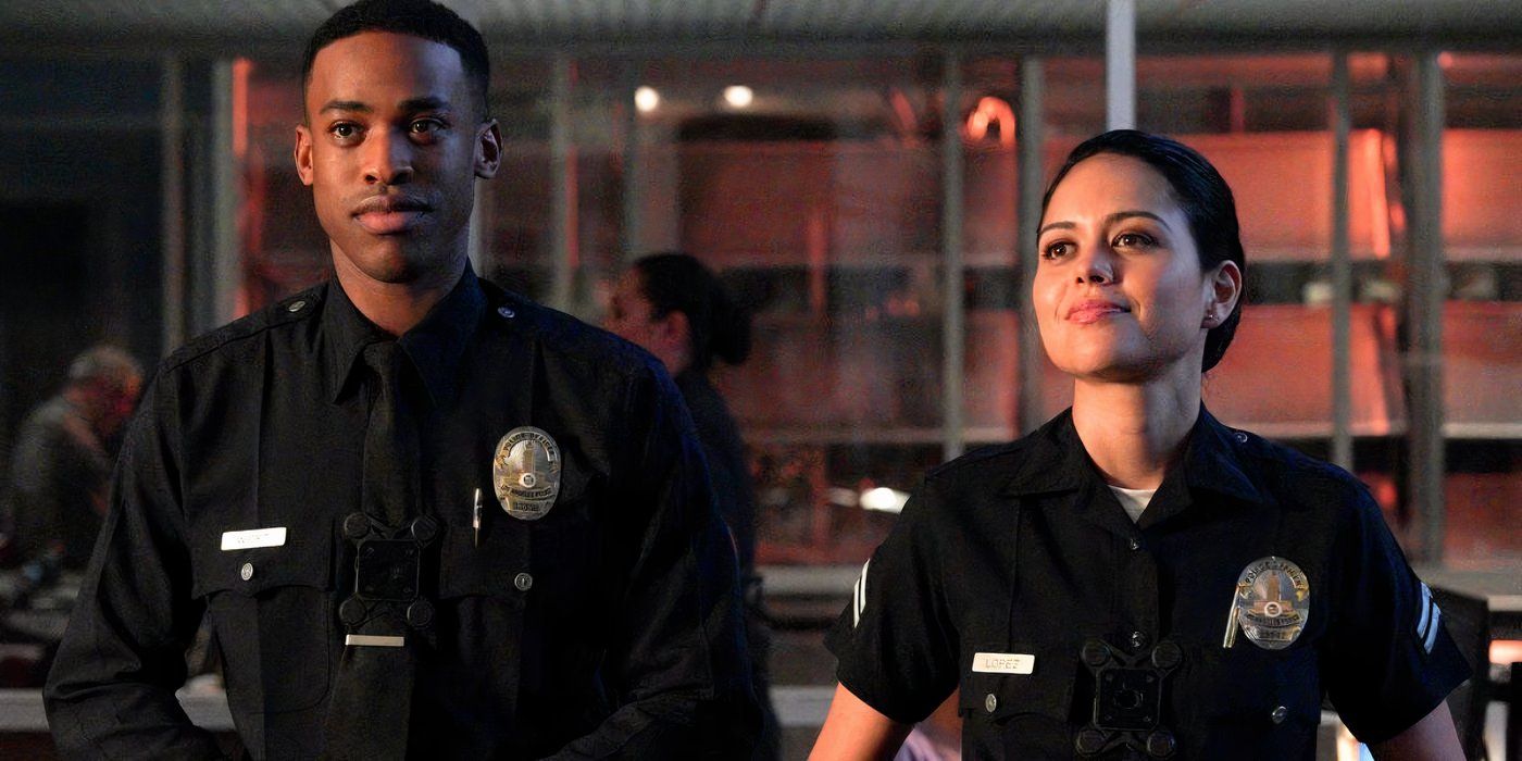 Angela (Alyssa Diaz) and Jackson (Titus Makin Jr) standing next to each other at the precinct in The Rookie