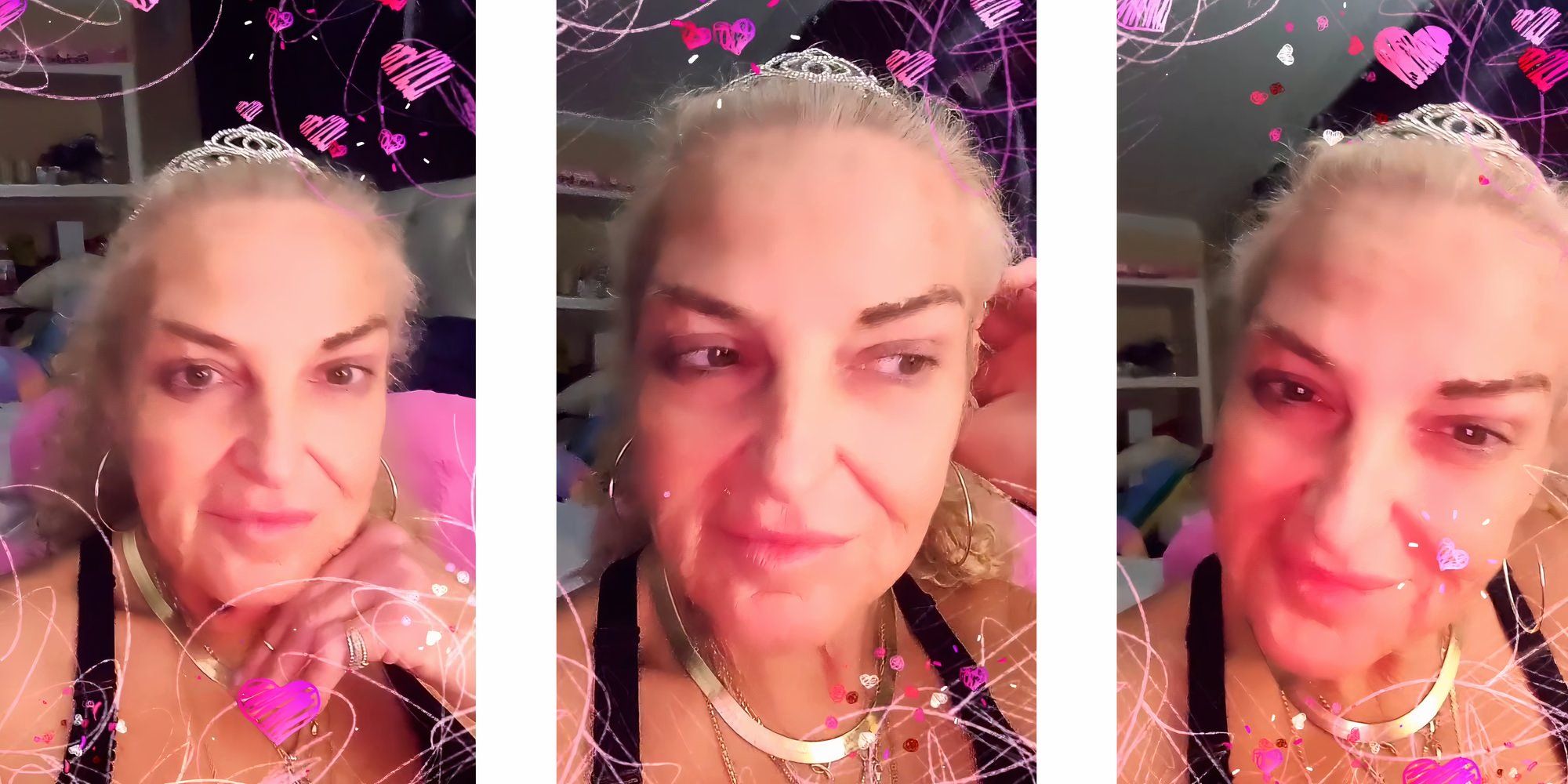 Angela Deem in 90 Day Fiance -2 in selfie video on Instagram with heart filters wearing crown