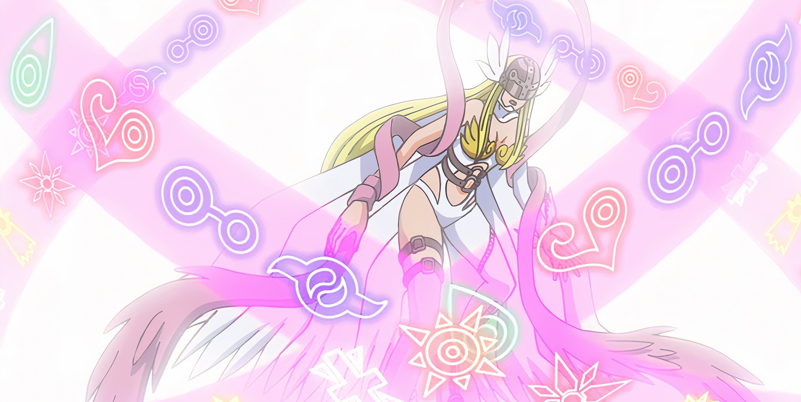 Angewomon is surrounded by pink ribbons of light bearing the crests of the DigiDestined.