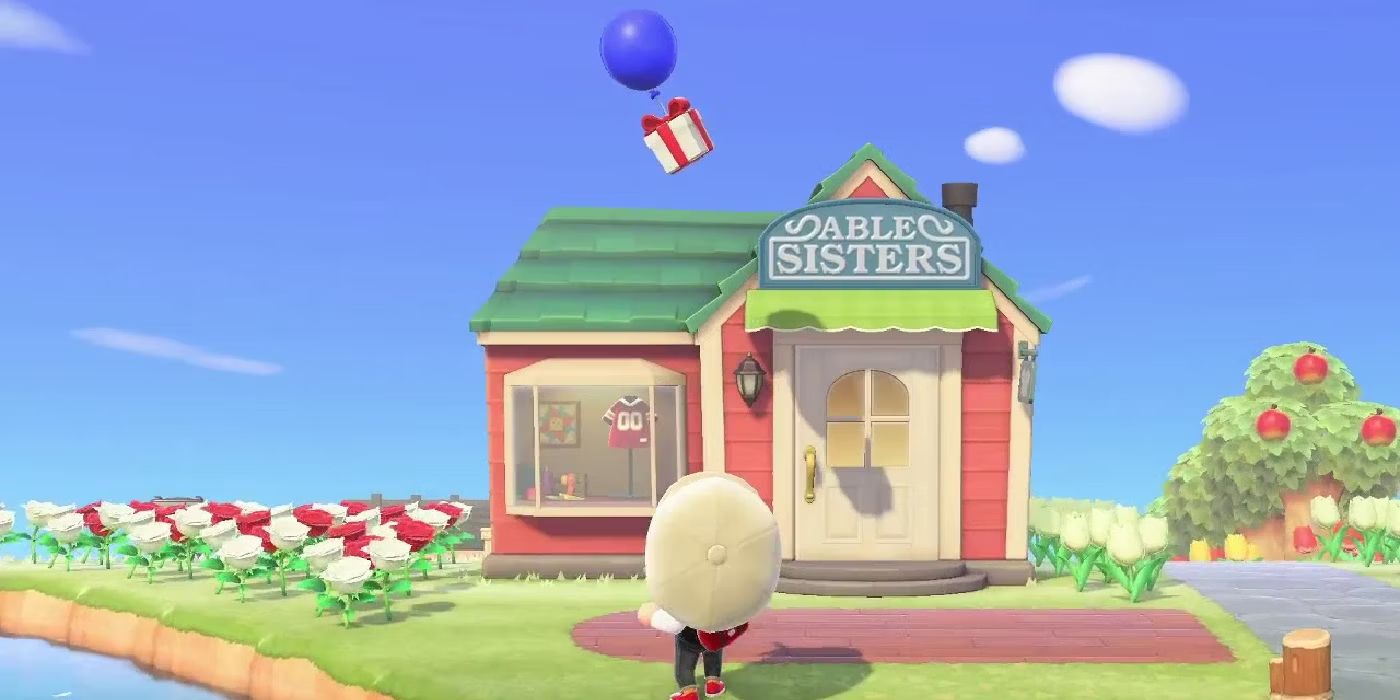 Um balão presente flutuando sobre as Able Sisters em Animal Crossing: New Horizons.
