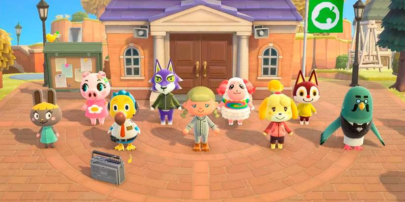 A group of animal villagers in front of the city hall