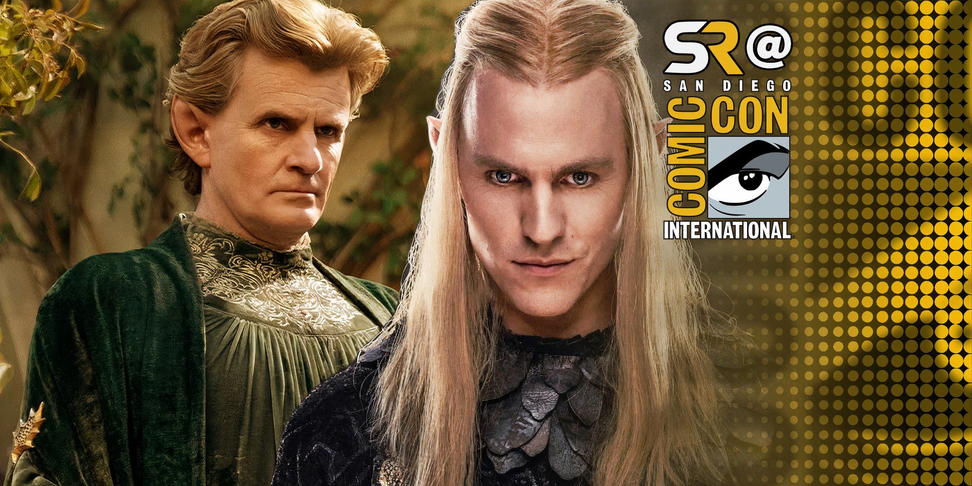 Charlie Vickers as Annatar and Charles Edwards as Celebrimbor in The Rings of Power season 2 (2024) beneath the SDCC SR overlay