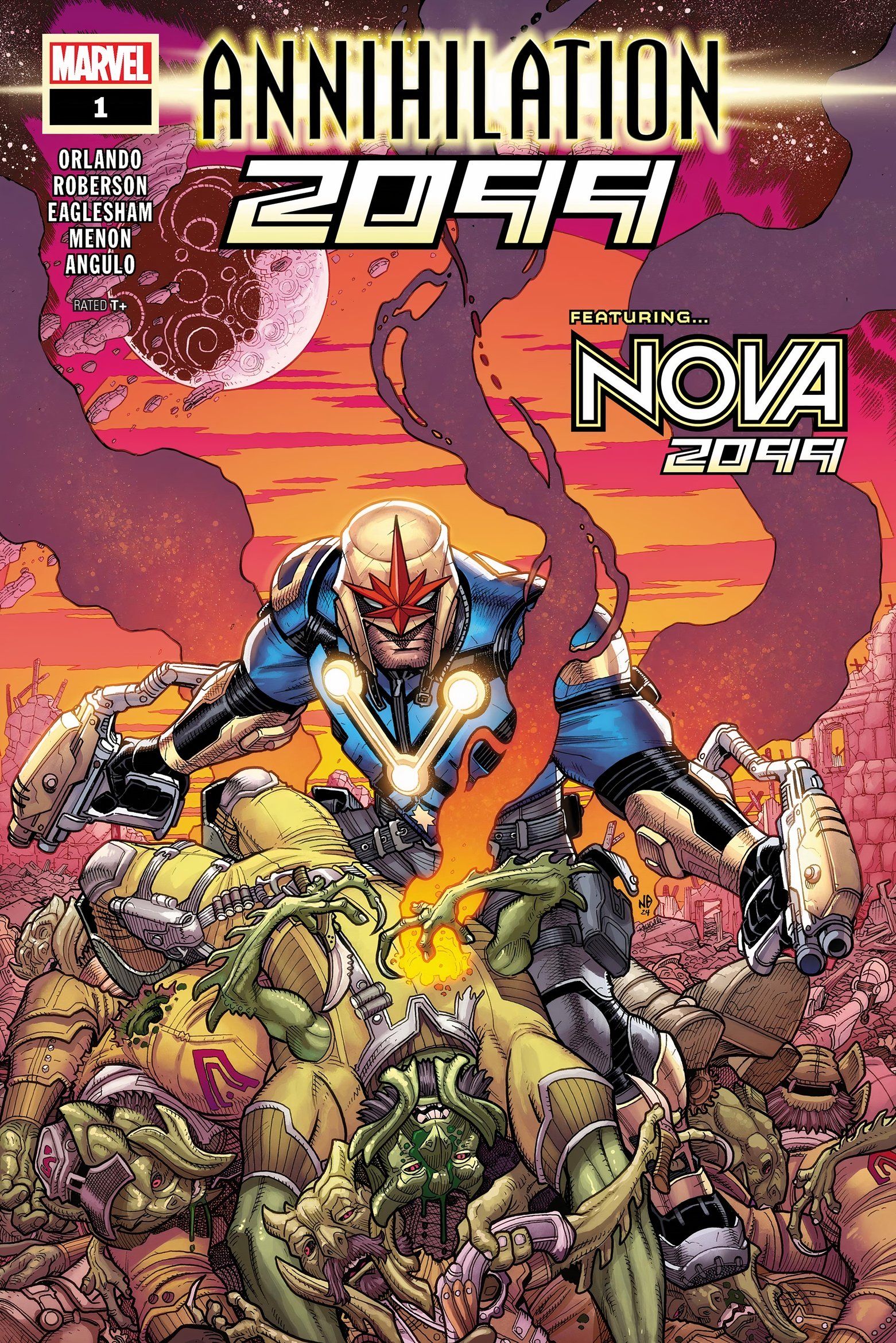 Annihilation 2099 #1 cover, featuring Nova standing over a defeated alien enemy.