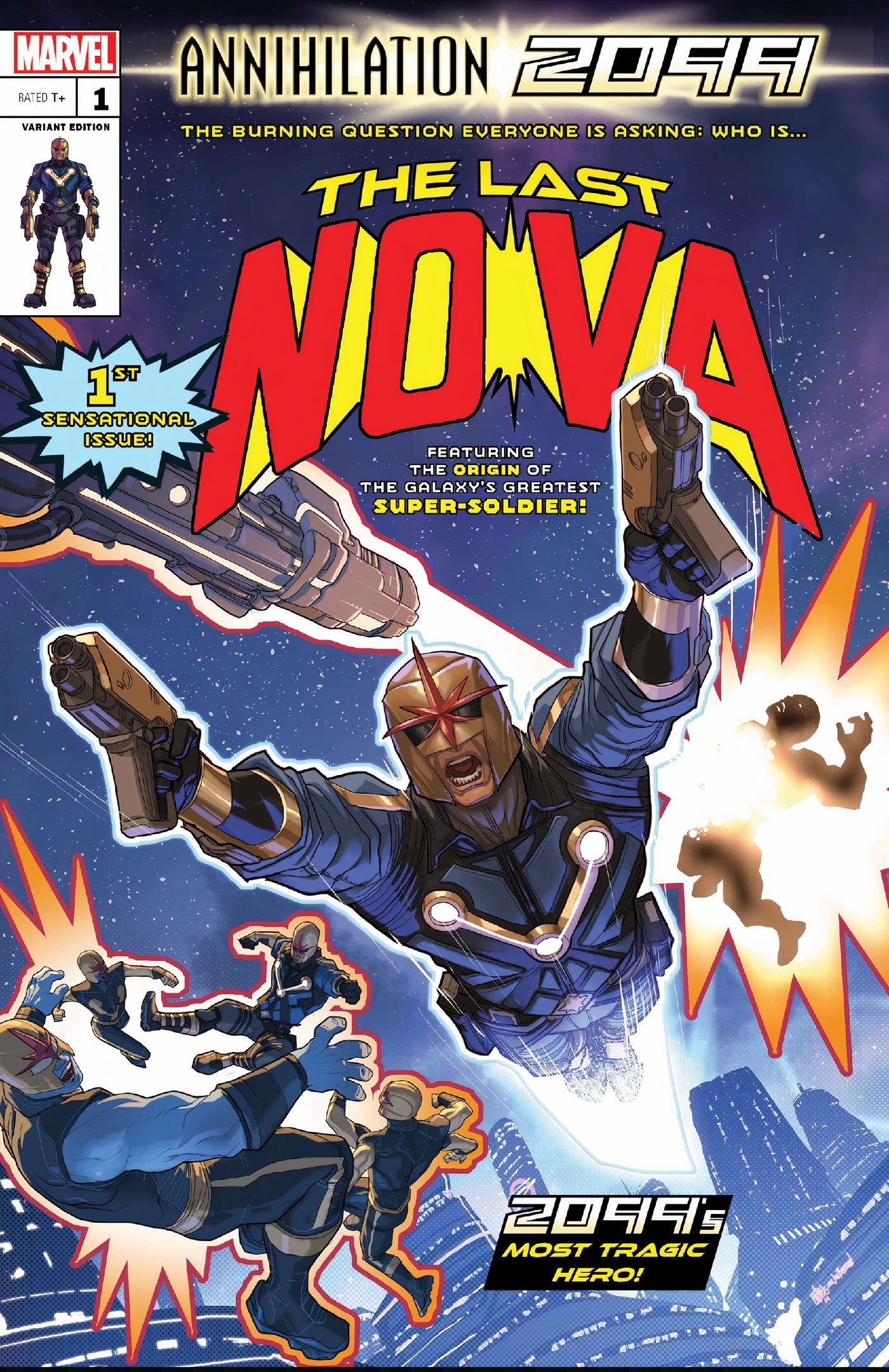 Variante #1 da Aniquilação 2099 por Pete Woods, declarando Wolverine como Nova "o maior super soldado da galáxia."