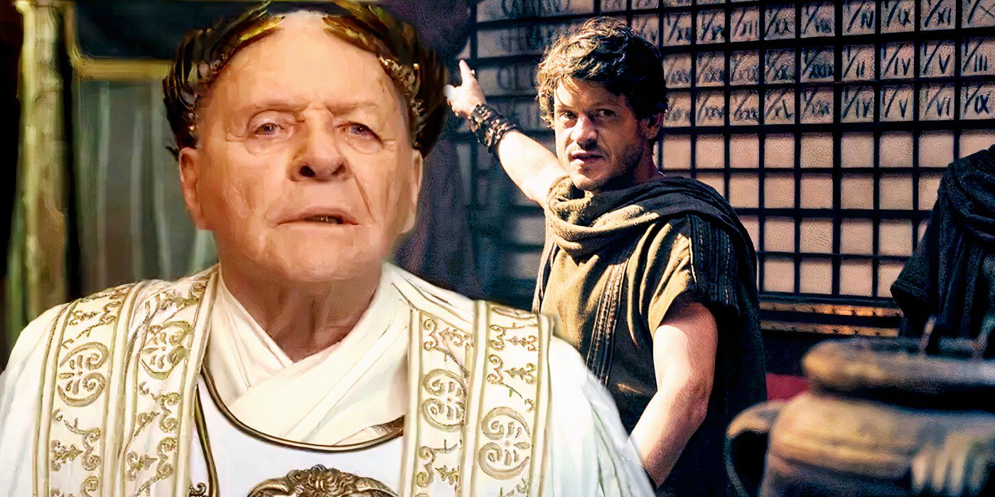 Anthony Hopkins playing the emperor while Iwan Rheon is pointing to something in Those About to Die