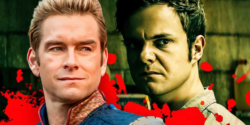 Anthony Starr as Homelander with an aggressive smirk and Jack Quaid as Hughie looking concerned in The Boys with blood around them