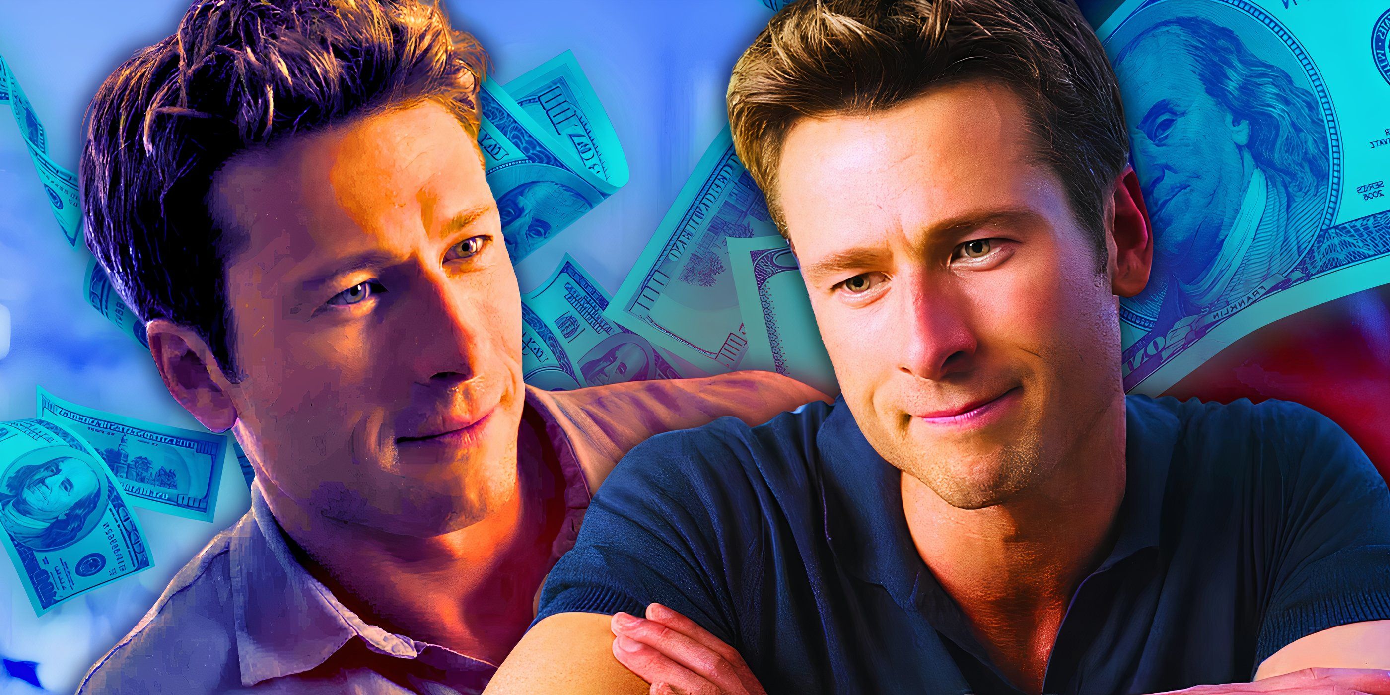 Qualquer um menos você, Glen Powell, com notas de US$ 100 atrás