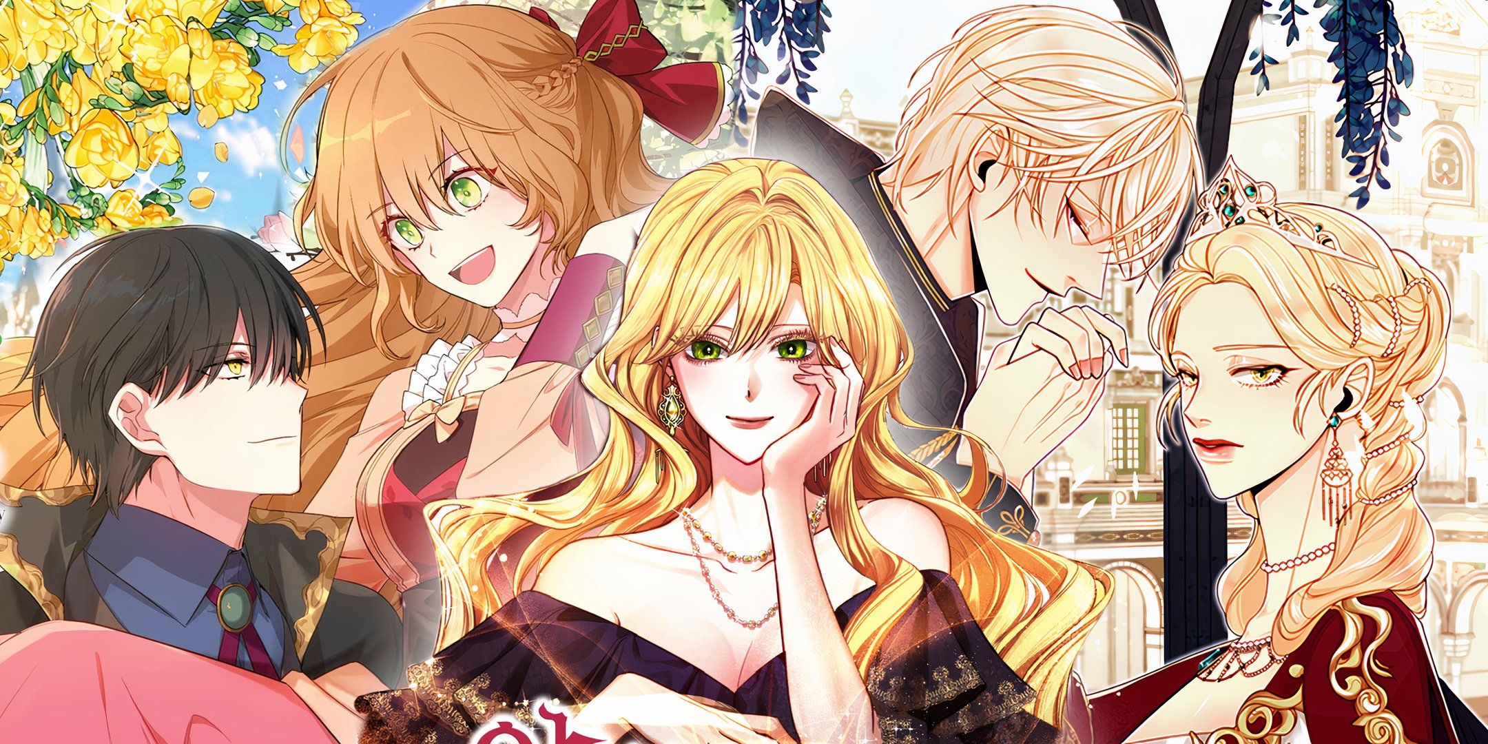 Aria_from_The_Villainess_turns_the_Hourglass_smiling_resting_her_chin_on_her_palm_with_noah_and_raeliana_to_the_left_and_navier_and_heinrey_to_the_right