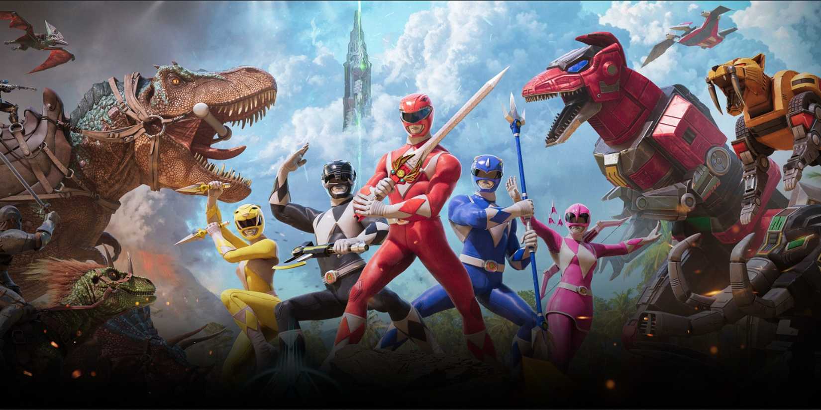 Ark Survival Ascended - Power Rangers crossover with mechazords and power rangers in the center. 