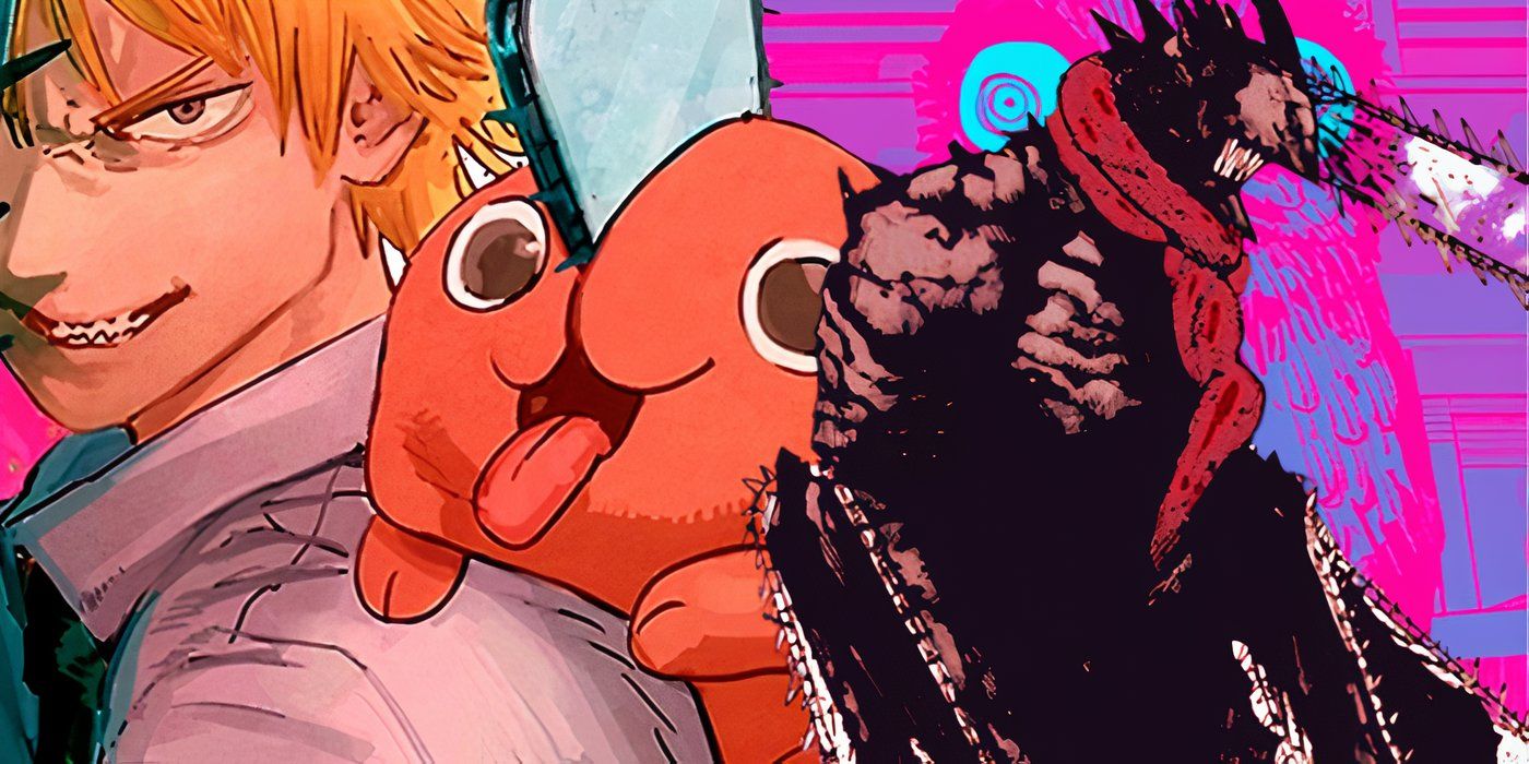 Armored Chainsaw Man standing in the forefront with Denji and Pochita in the background