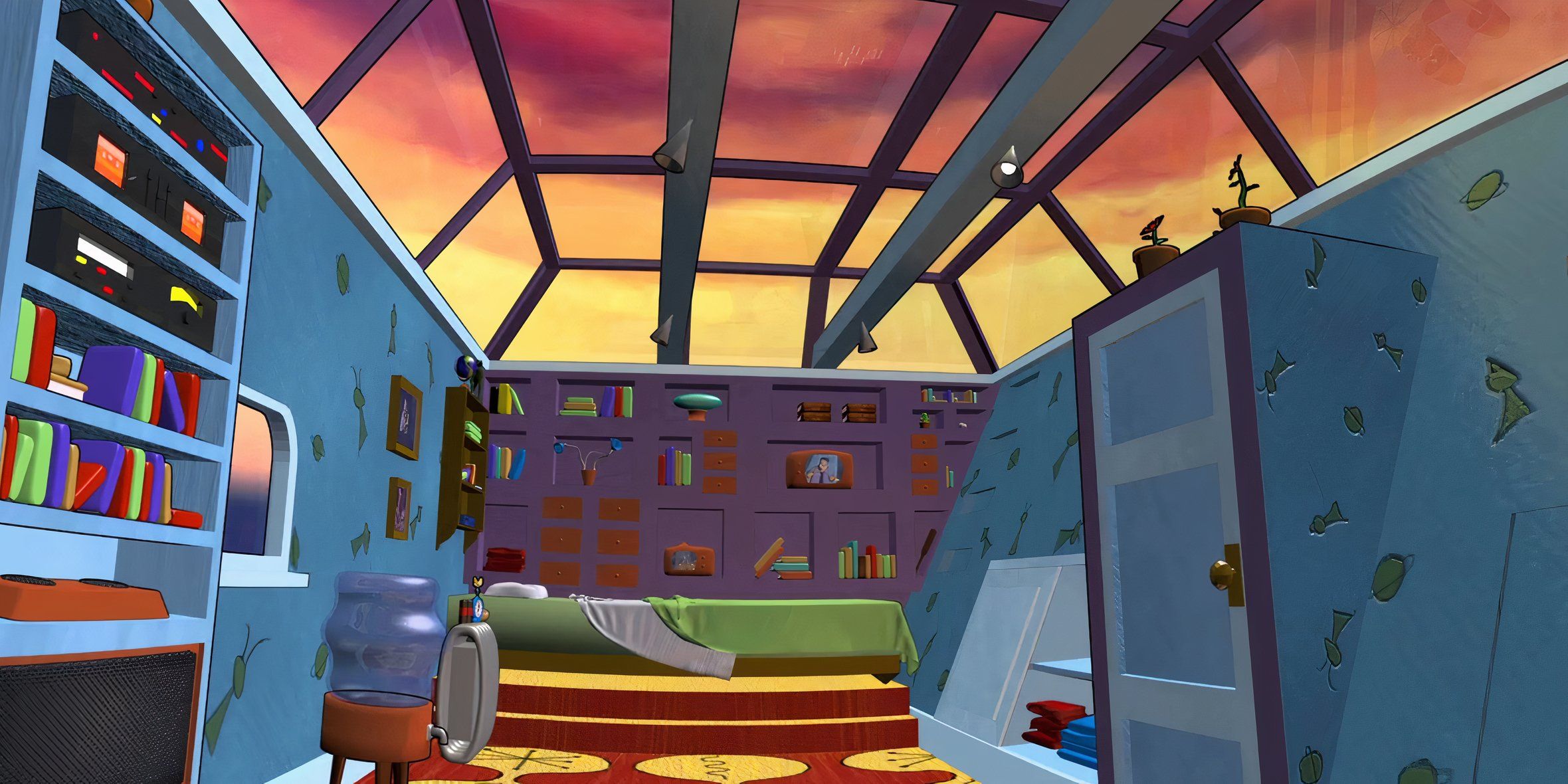 Arnolds bedroom with his skylight and extensive shelving in Hey Arnold