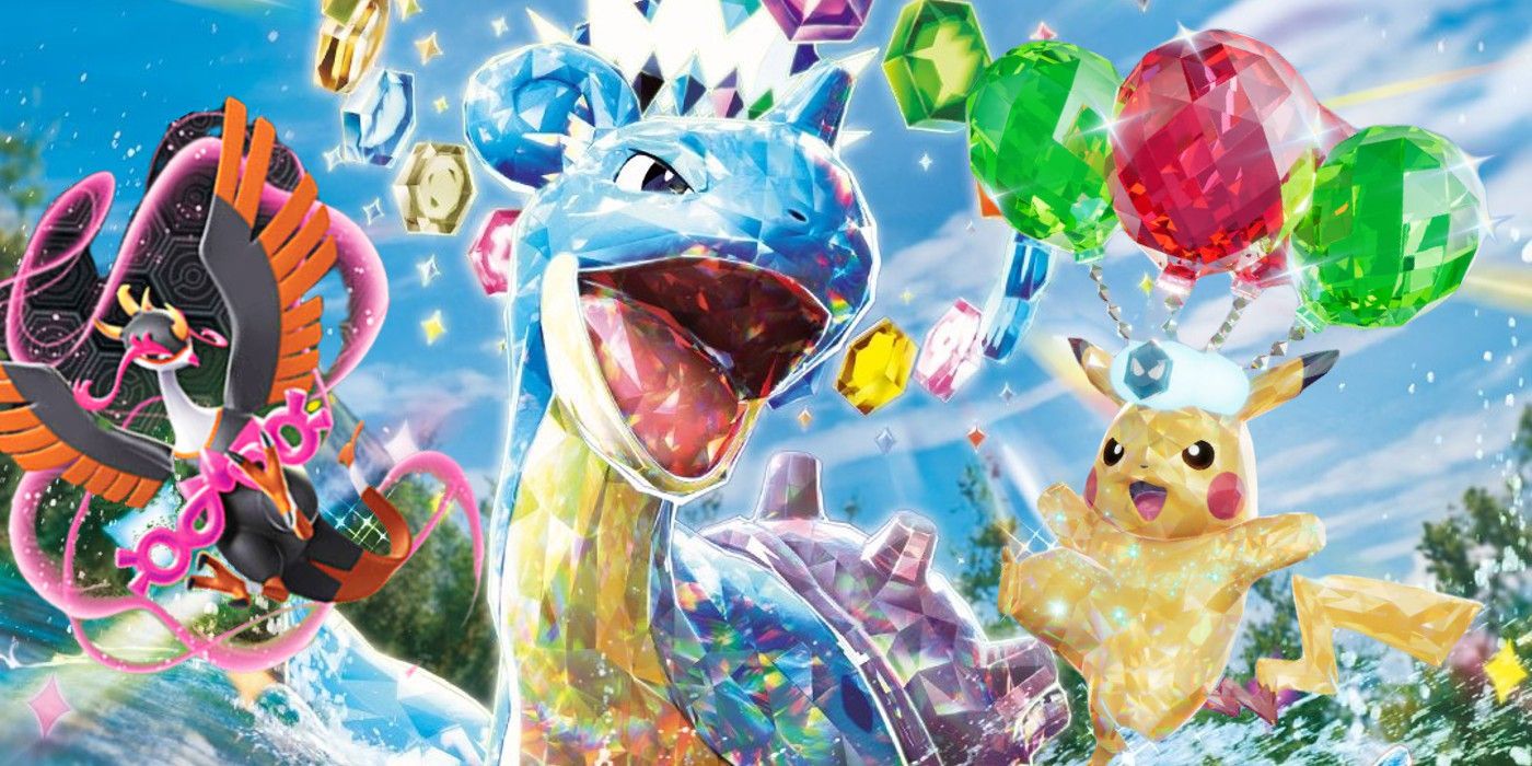 Artwork from Surging Sparks, Stellar Crown, and Shrouded Fable featuring Fezandipiti, Tera Lapras, and Tera Pikachu.