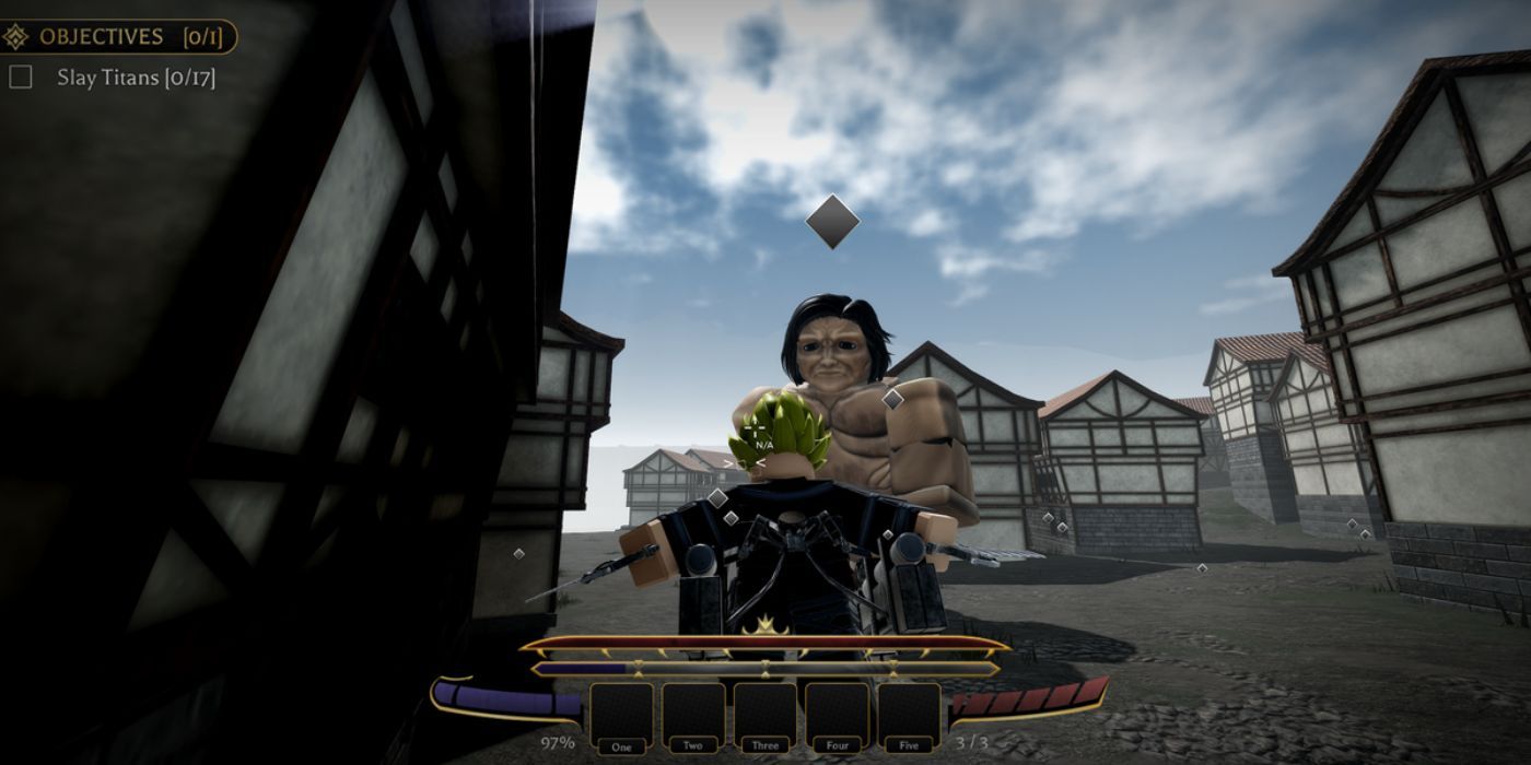 Player attacking Titan in Attack on Titan Revolution in Roblox.