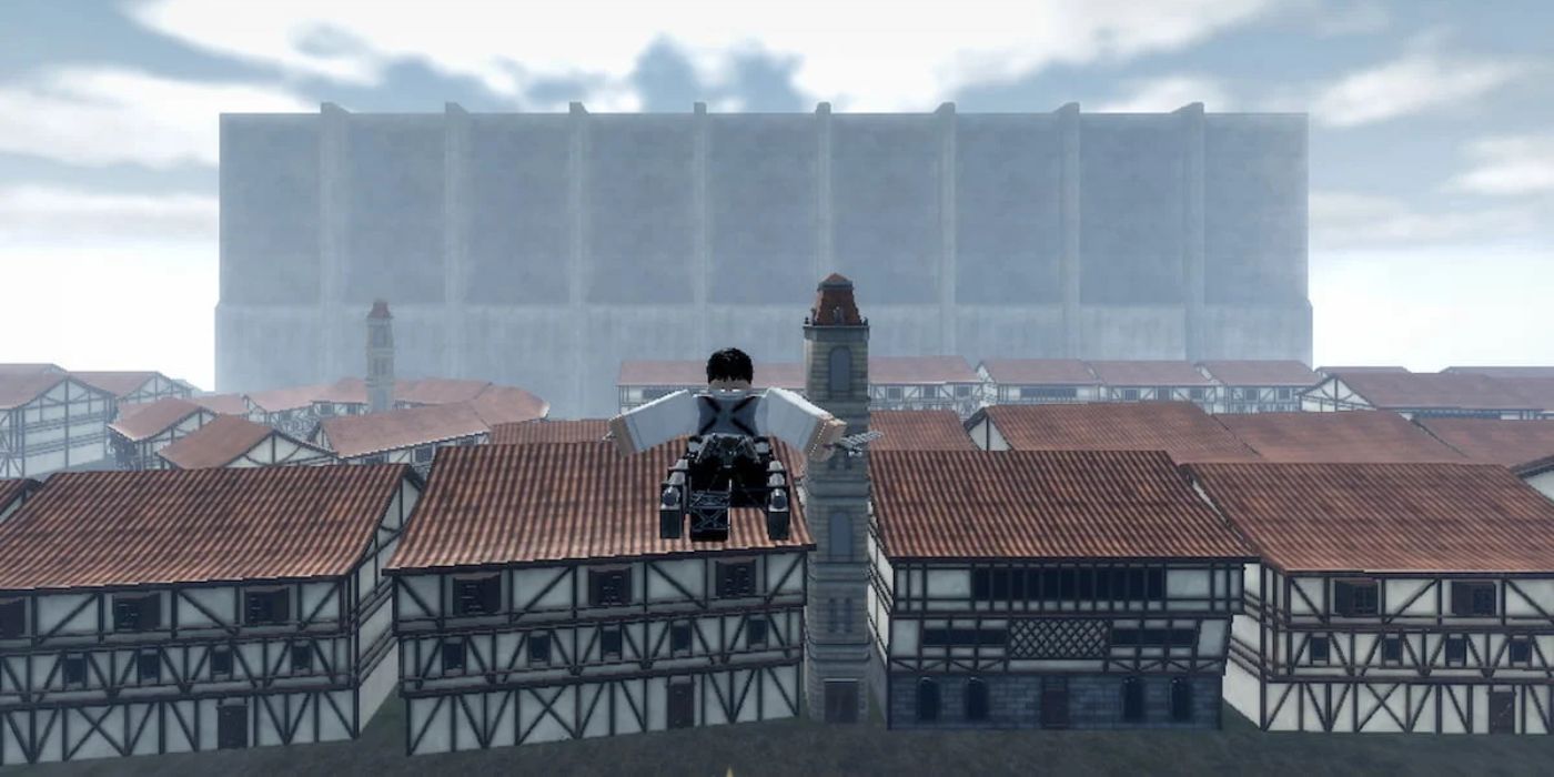 Playeer flying in Attack on Titan Revolution in Roblox.