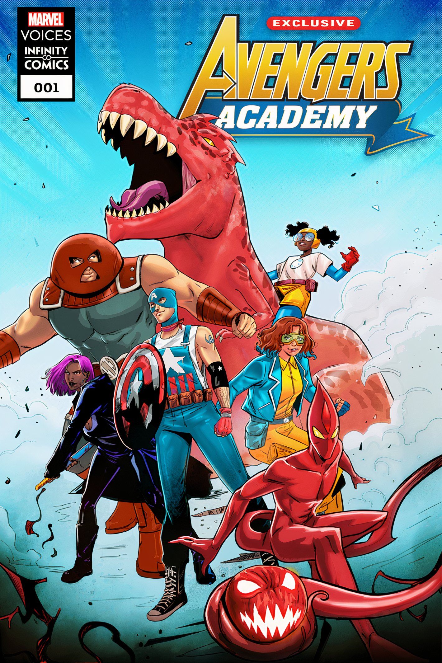 Avengers Academy: Marvel Voices #1 cover, featuring Kid Juggernaut, Red Goblin, and other upcoming young heroes.