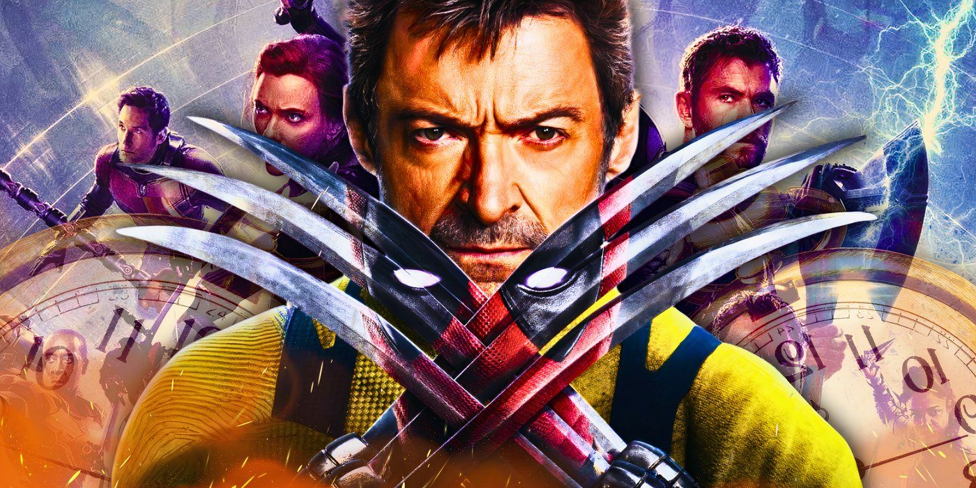 Custom image of Deadpool &amp; Wolverine poster on a background of clocks and avengers from the MCU