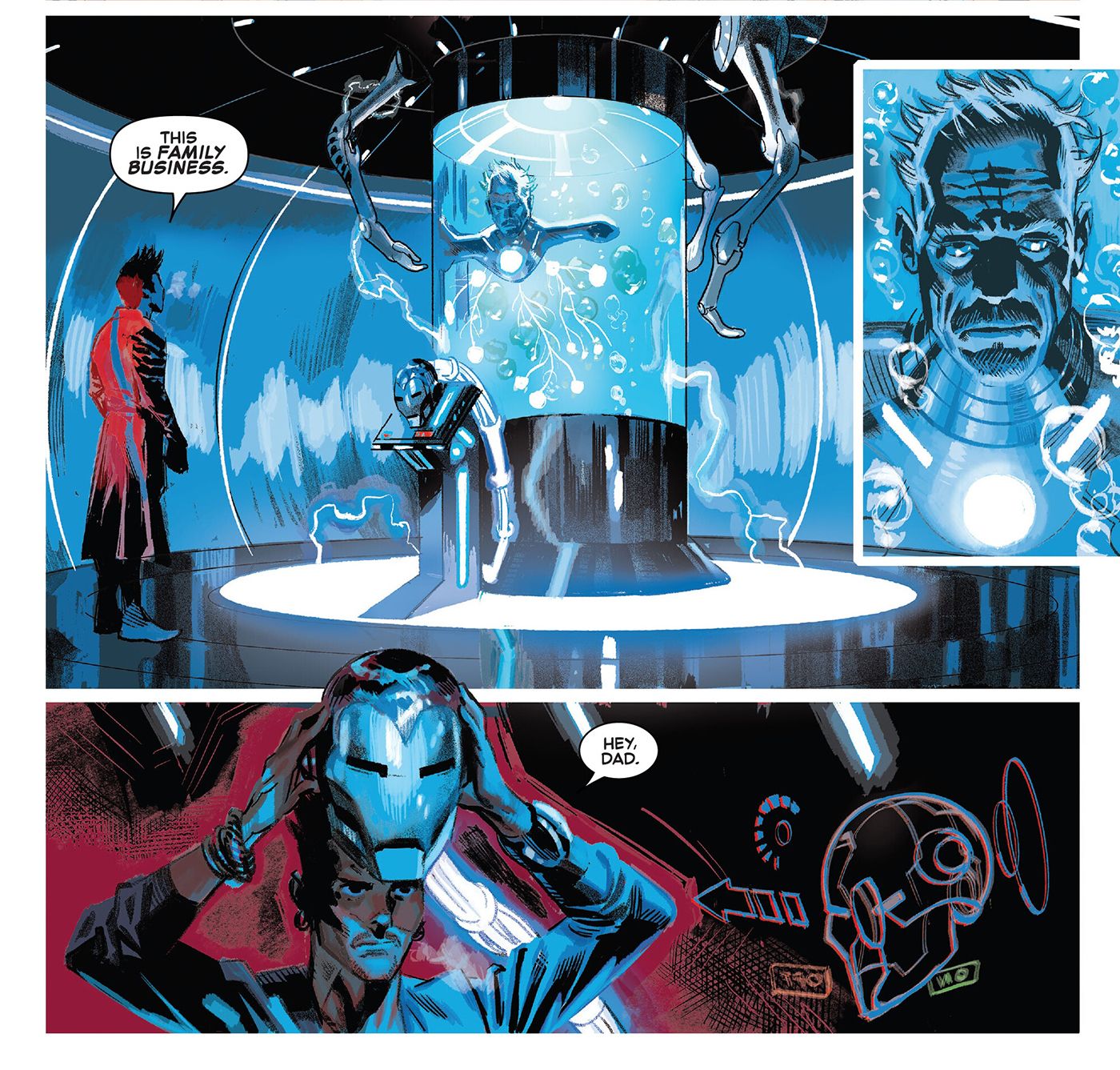 Avengers: Twilight #1- James Stark, il futuro figlio di Tony, parla con suo padre attraverso un casco di Iron Man che "conversa" con la testa e il torace senza corpo di Tony Stark.