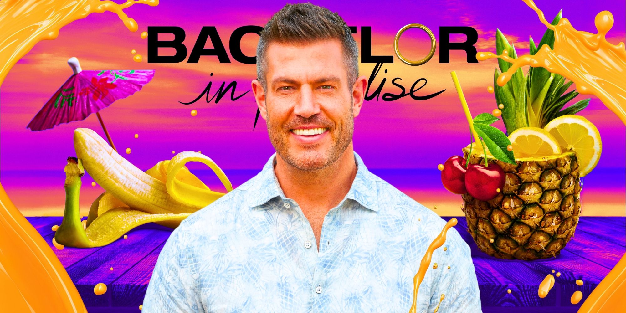 O apresentador do Bachelor in Paradise, Jesse Palmer, sorri em frente a uma banana e um abacaxi.