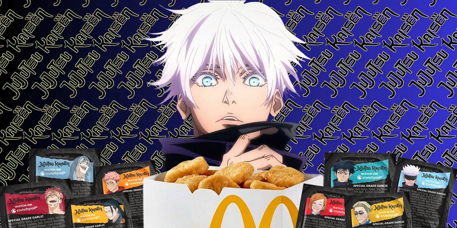 Os olhos azuis claros de Satoru Gojo estão paralisados ​​​​com a nova colaboração Jujutsu Kaisen do McDonald's