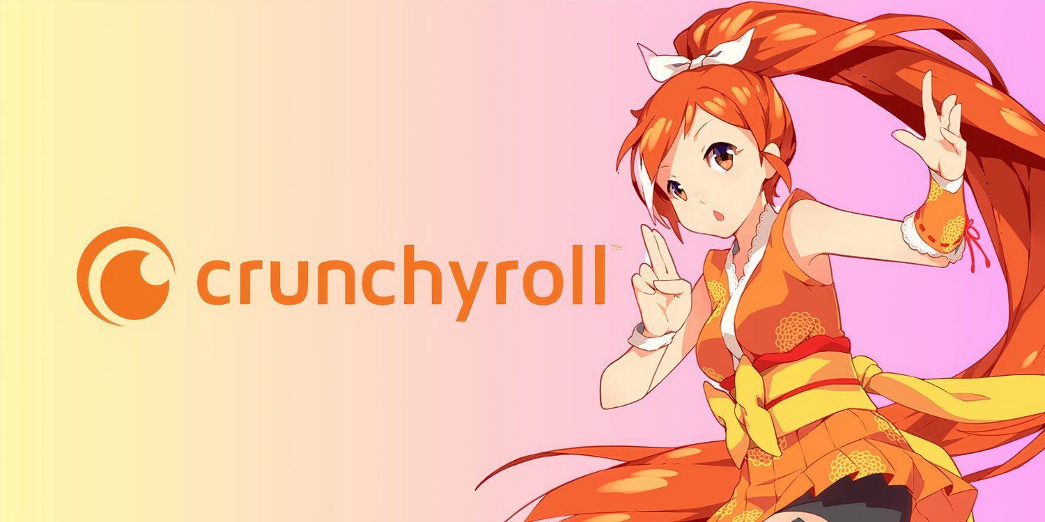 O logotipo e o mascote do serviço de streaming Crunchyroll aparecem antes de um fundo gradiente rosa e amarelo.