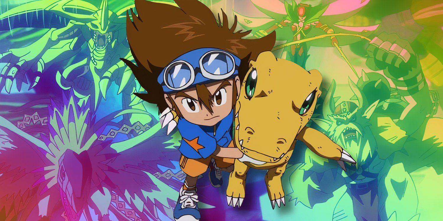 Tai and Agumon hold onto one another as they leap forward, against a rainbow gradient backdrop depicting the digivolved forms of the hero Digimon.