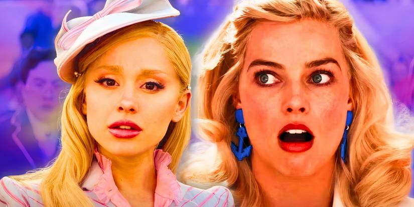 Ariana Grande as Glinda looking serious in Wicked and Margot Robbie as Barbie looking shocked in Barbie