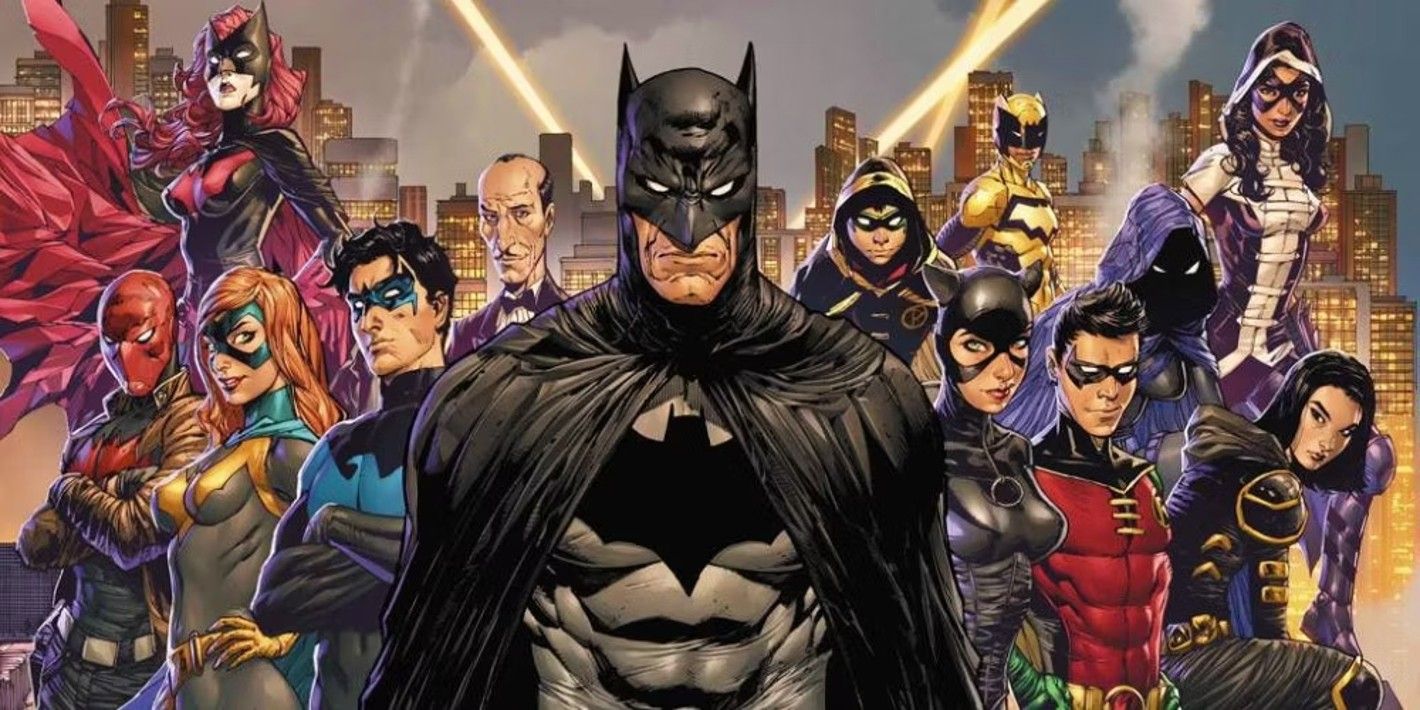 Comic book art: Batman with the members of the extended Bat-Family together in the background.