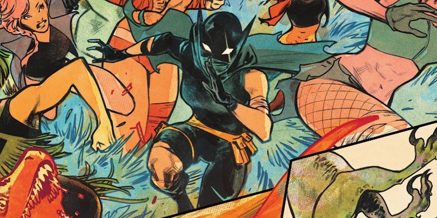Painel de história em quadrinhos: Batgirl correndo para frente com uma cicatriz na máscara.
