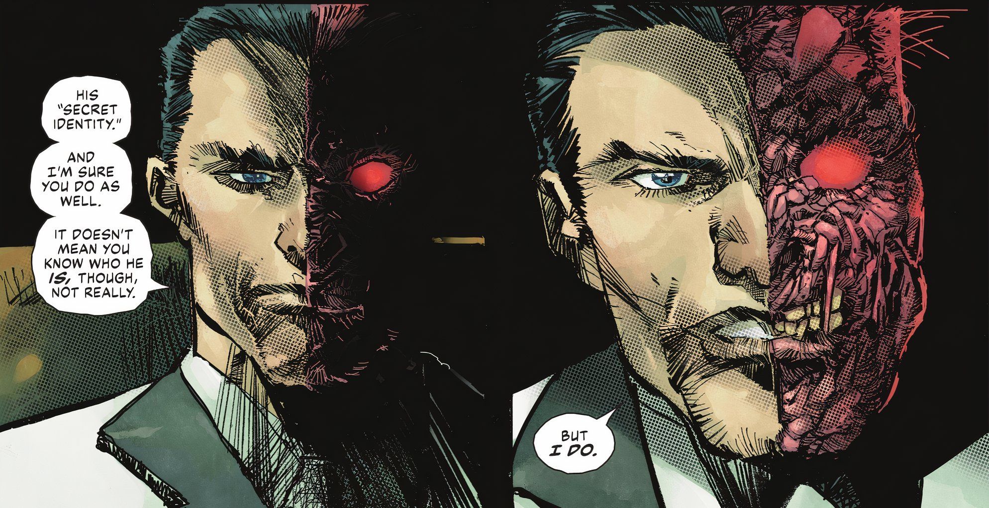 Across two panels, Two-Face reveals that he also knows Bruce Wayne is Batman. While calm in the first panel, he’s glaring in the next.