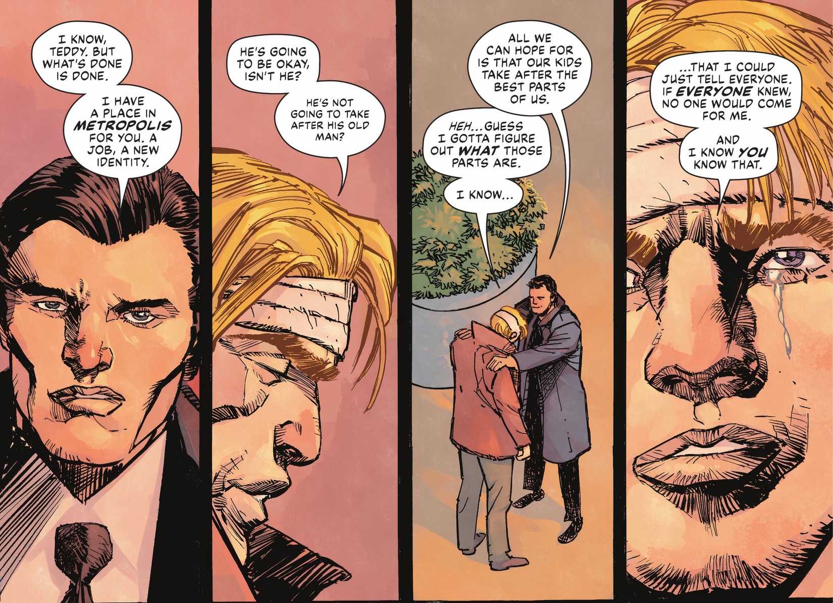 Across four panels, Bruce Wayne tells Teddy that he has set him up with a job in Metropolis and encourages him to leave Gotham.