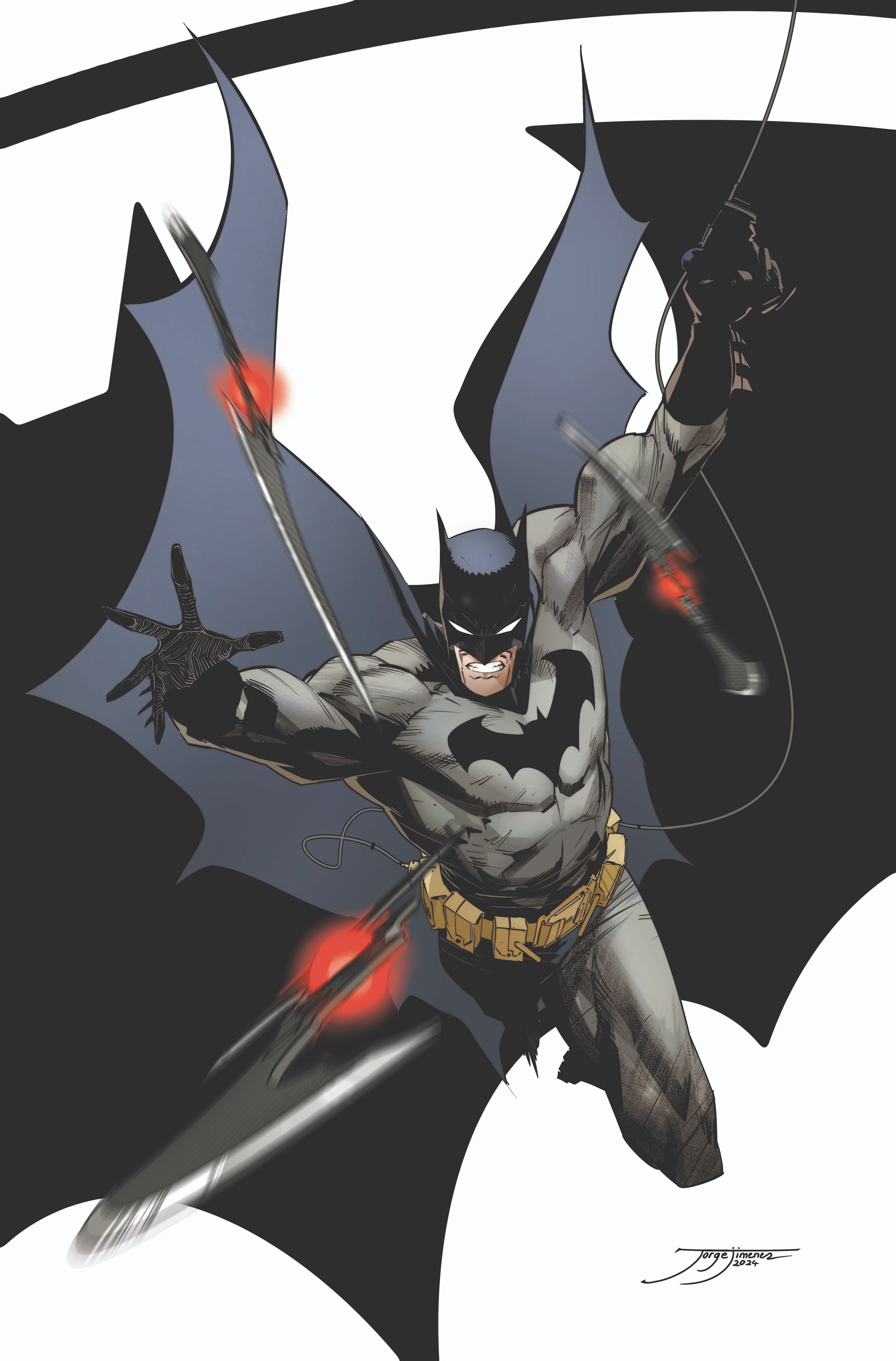 Batman 153 Capa principal Solicita: Batman salta para frente enquanto arremessa batarangs.
