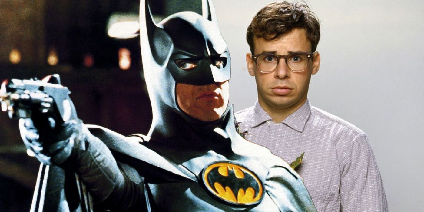 Uma imagem compilada de Michael Keaton como Batman do filme Batman de 1989, ao lado de Rick Moranis.