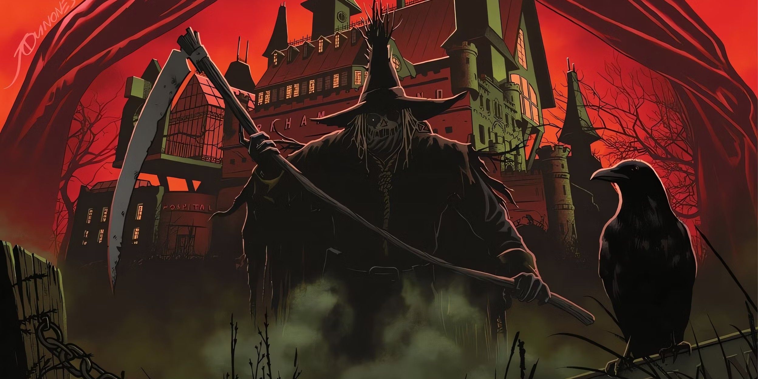 Comic book art: the Batman villain Scarecrow in front of an old manor.