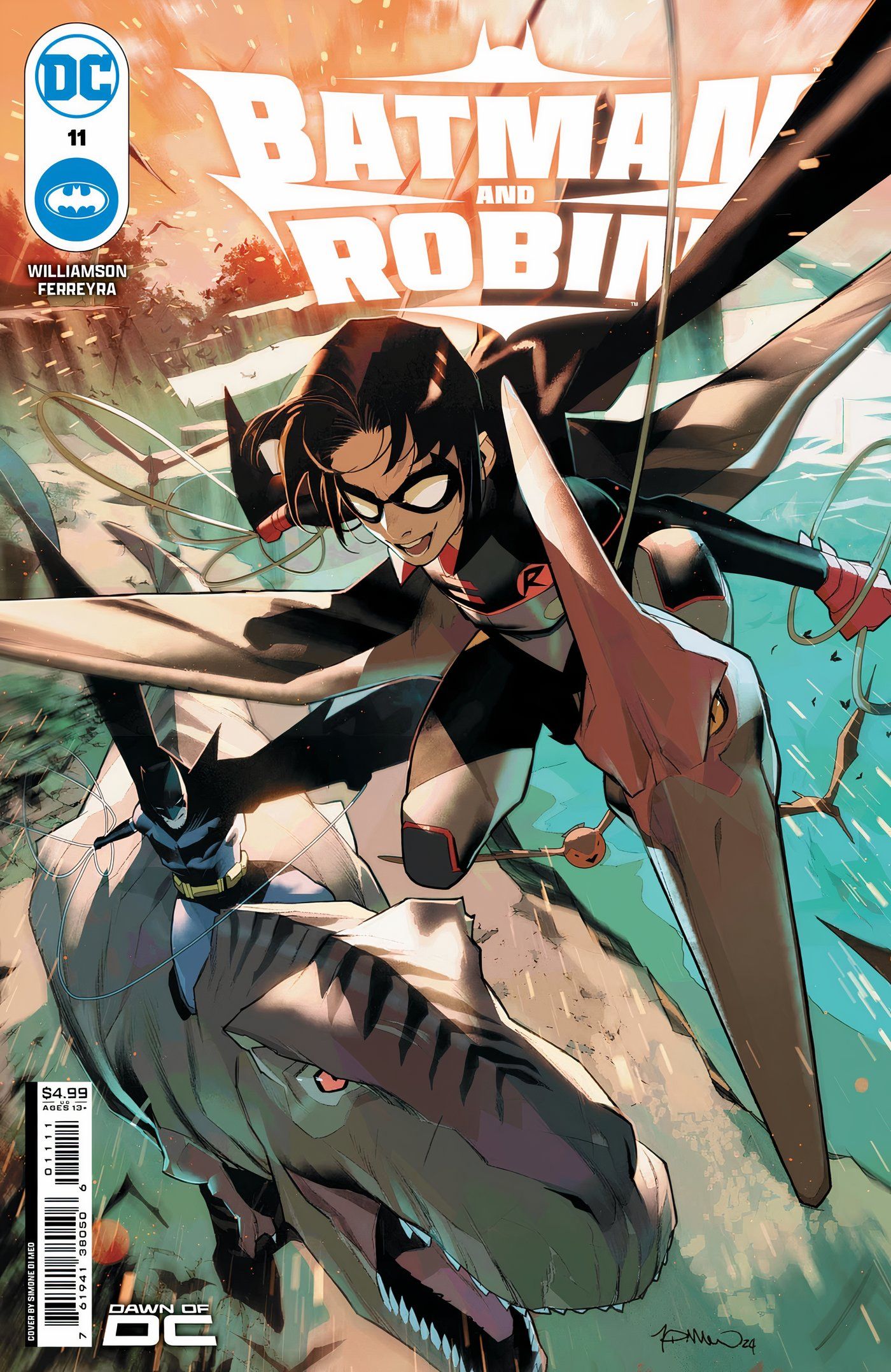 Batman and Robin 11, main cover: Damian Wayne and Batman on Dinosaur Island.