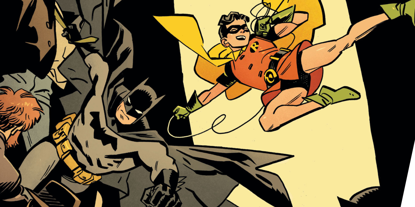 Comic book art: Batman and Robin in the middle of a fight.