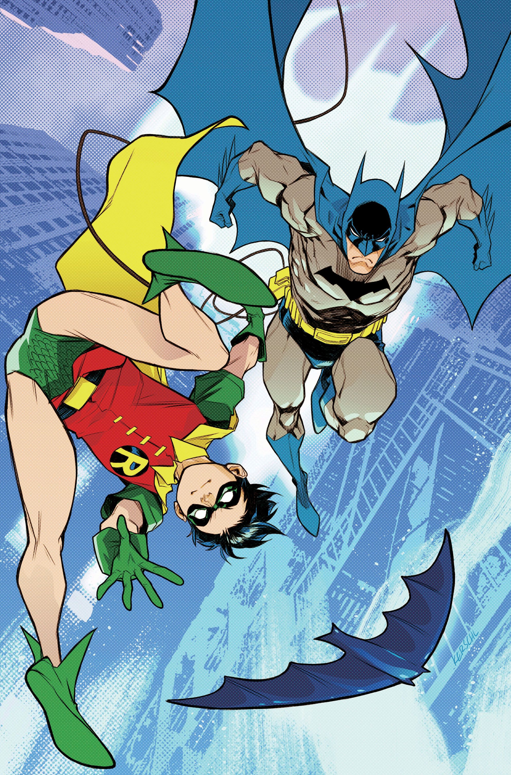 Variante de portada del año 1 de Batman y Robin Kerschl: Batman y Robin saltan por el aire.