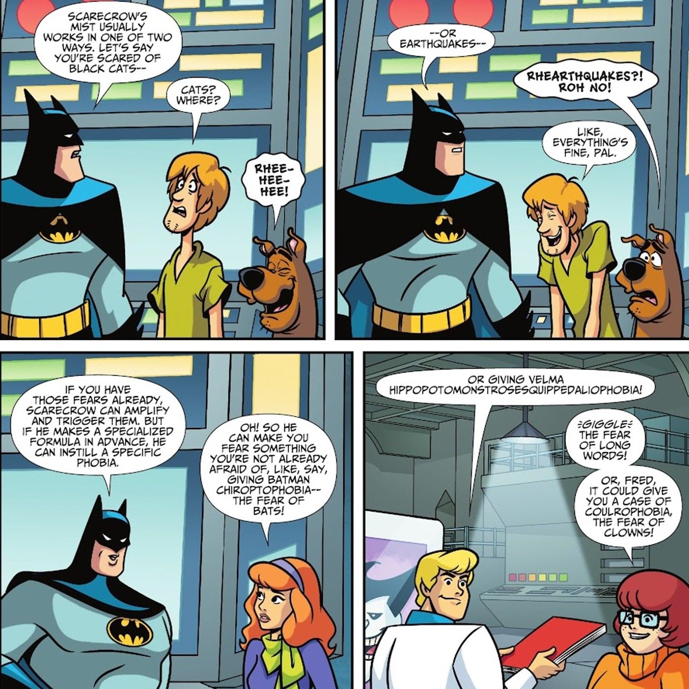 Painéis de quadrinhos: Batman e a turma do Scooby Doo discutem o medo na Batcaverna.