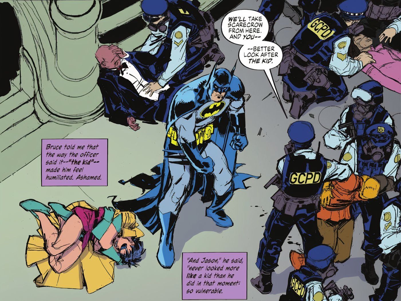 Batman espancando o Espantalho em Robin Lives #1 parte 4