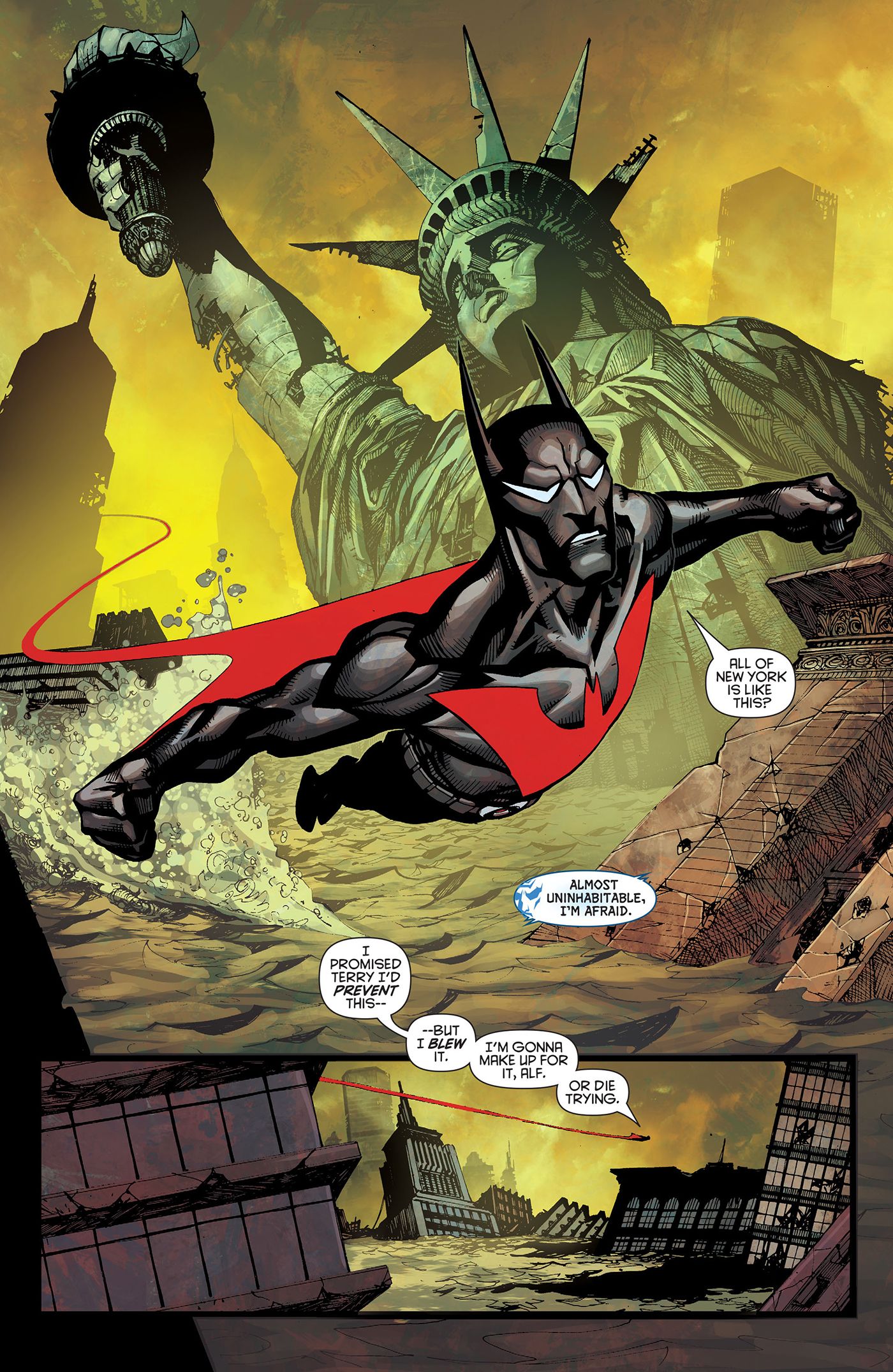 Página de Batman Beyond (2015) #1. Tim Drake voa pela destruída Nova York, com a Estátua da Liberdade caída e as ruas inundadas.