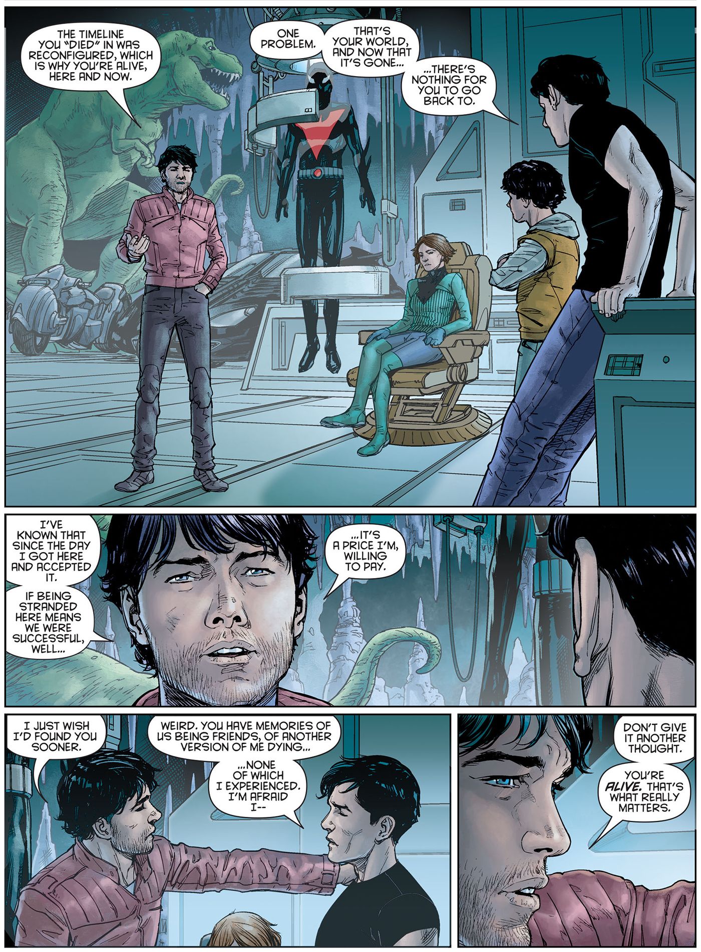 Painéis de Batman Beyond (2015) #16: Tim Drake explica viagens no tempo e travessuras na linha do tempo para Terry e Matt McGinnis.