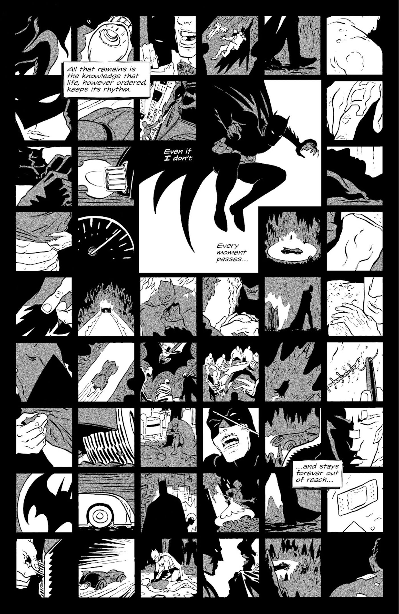 Comic book page: small panels depicting iconic Batman symbols.