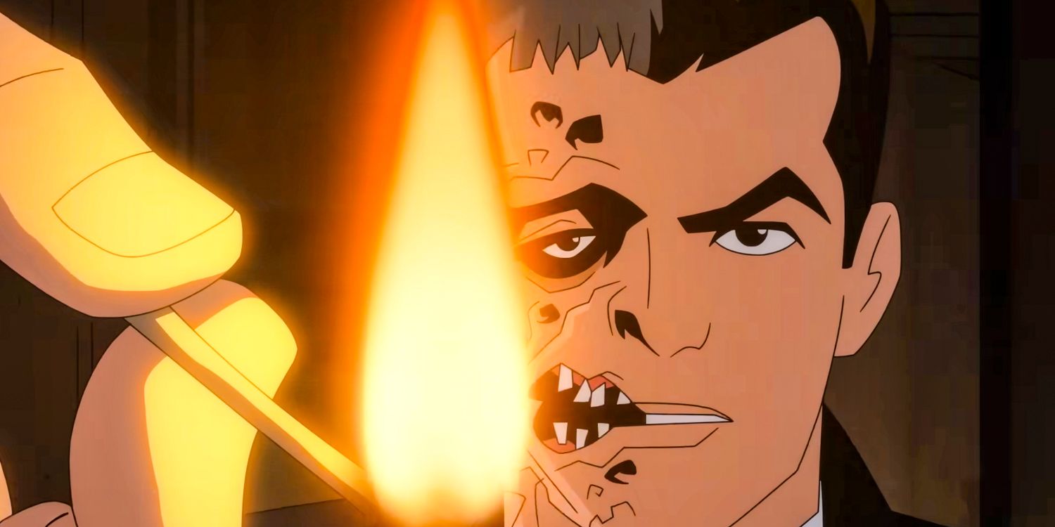 Two-Face lighting a match in Batman: Caped Crusader