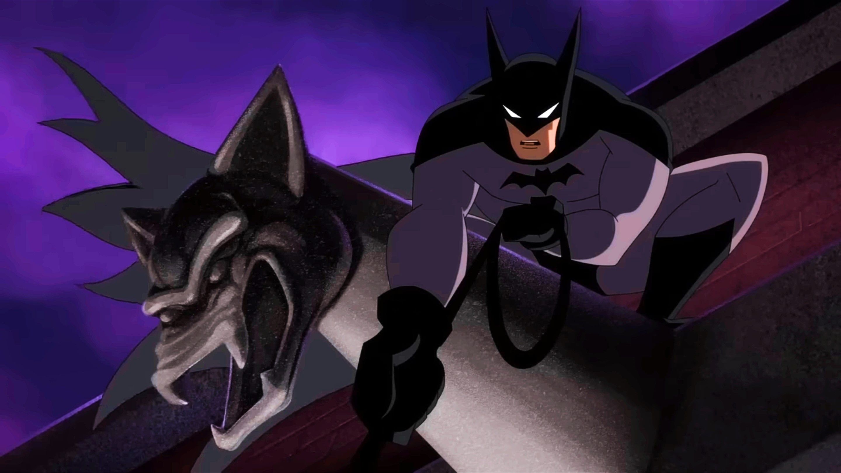 Batman Crouched On A Gargoyle Interrogating A Man In Batman Caped Crusader