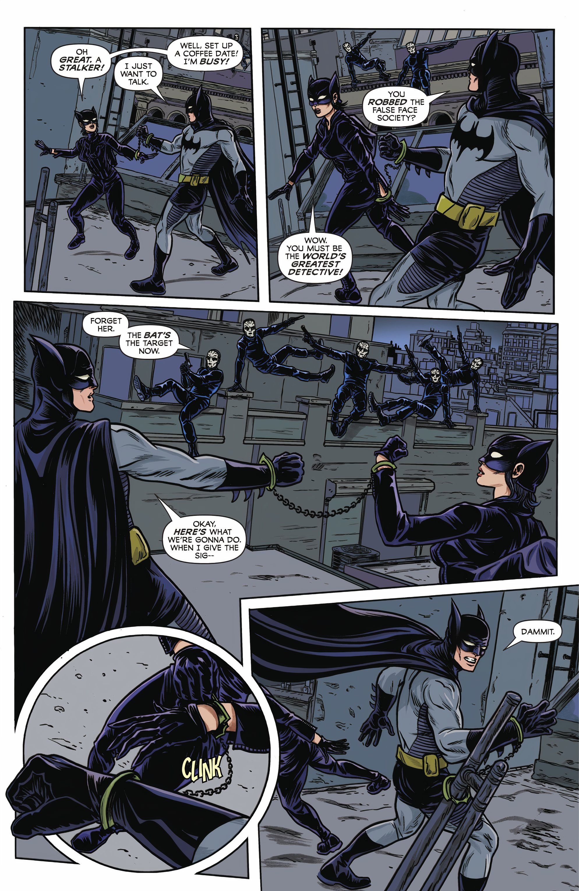 Batman Dark Age #4, Batman & Catwoman attacked by False Face gangsters, Catwoman handcuffs Batman to a pole