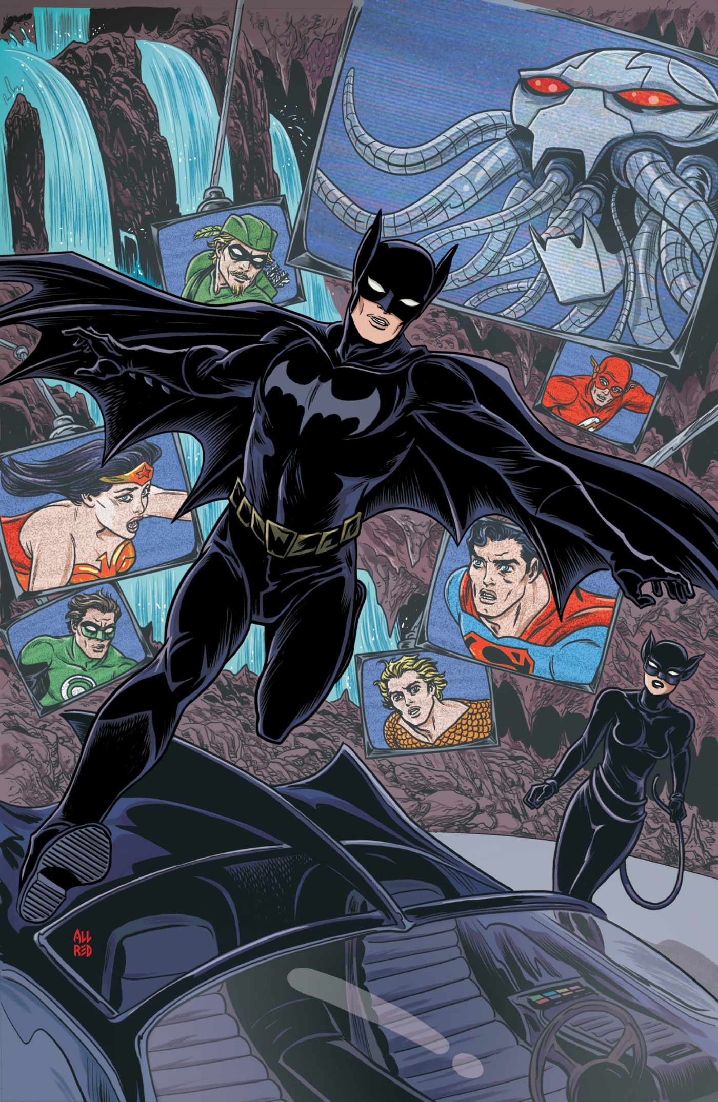 Batman corre em direção ao Batmóvel enquanto a Mulher-Gato observa, com imagens da Liga da Justiça ao fundo.
