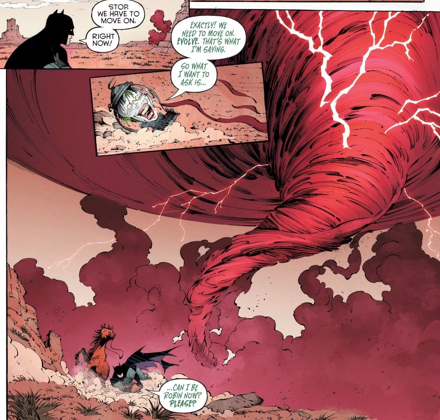 Paneles de cómics: Batman se encuentra con el Tornado Rojo, que está formado por la familia Flash.