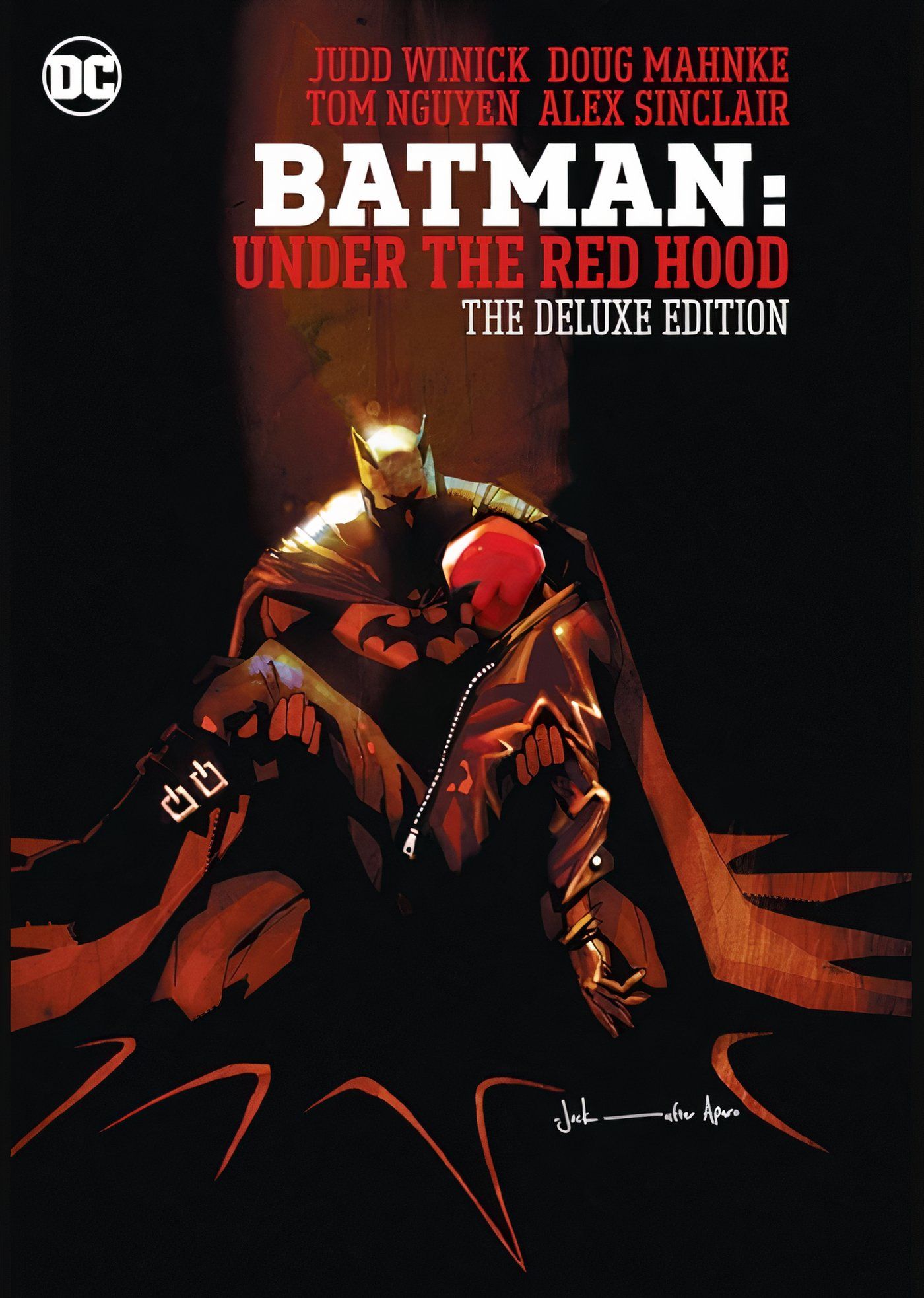 Capa da edição Deluxe de BAtman Under the Red Hood arrt Batman segurando o Capuz Vermelho morto