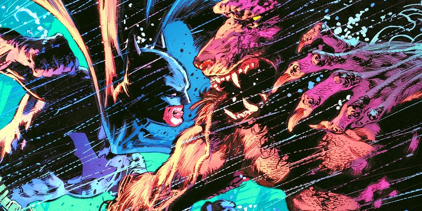 Comic book art: Batman about to fight a giant werewolf.