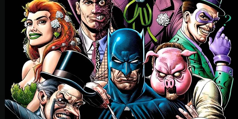 Comic book art: Batman in the middle of a group of Gotham rogues.